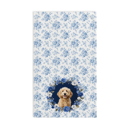 Blue Floral Goldendoodle Dog Portrait Hand Towel – Cute Pet Bathroom Accessory