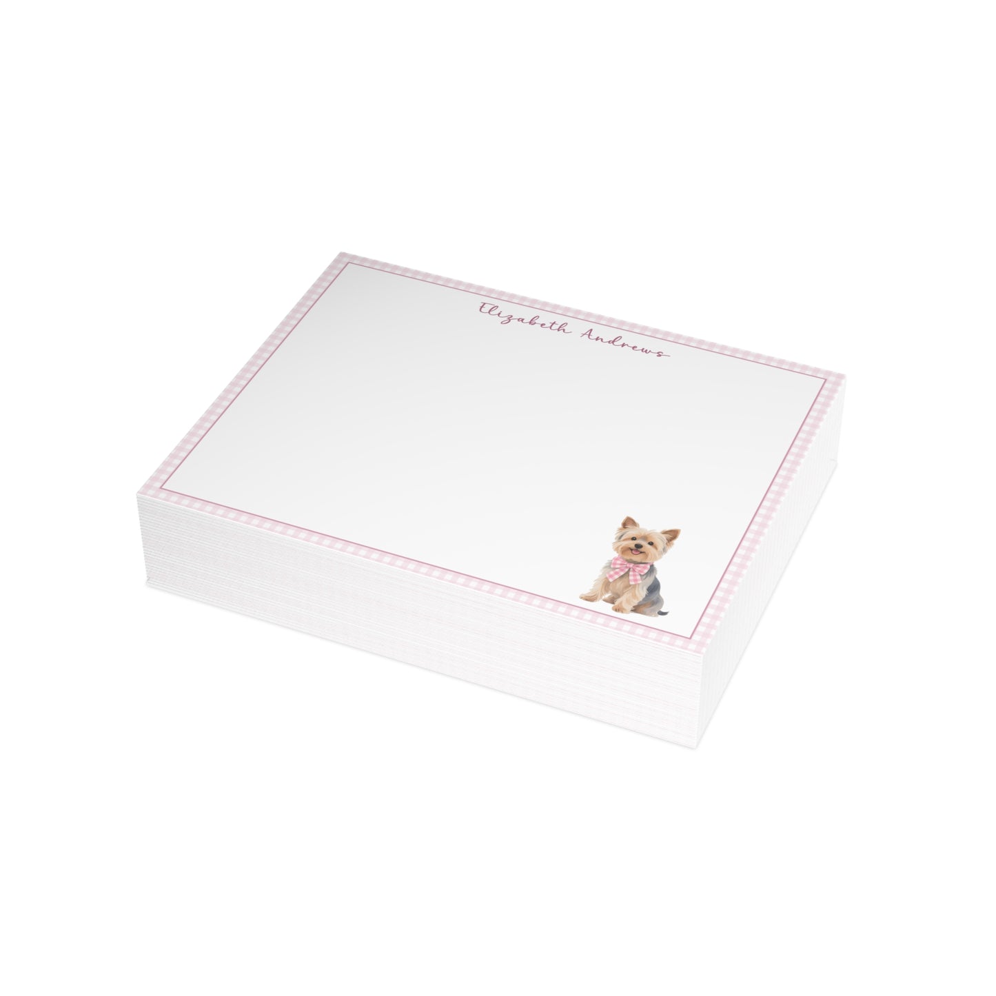 Yorkshire Terrier Dog Pink Gingham Personalized Notecard Set