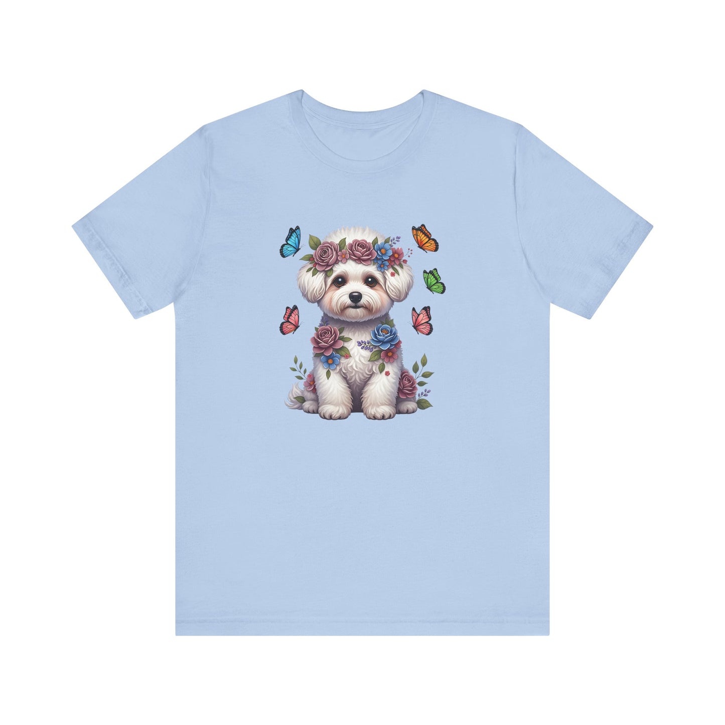 Whimsical Floral Bichon Frise Tee – Colorful Dog Lover Shirt with Butterflies