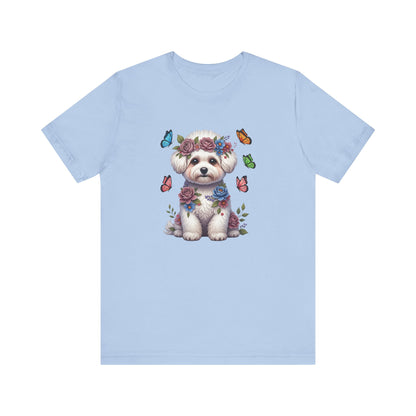 Whimsical Floral Bichon Frise Tee – Colorful Dog Lover Shirt with Butterflies