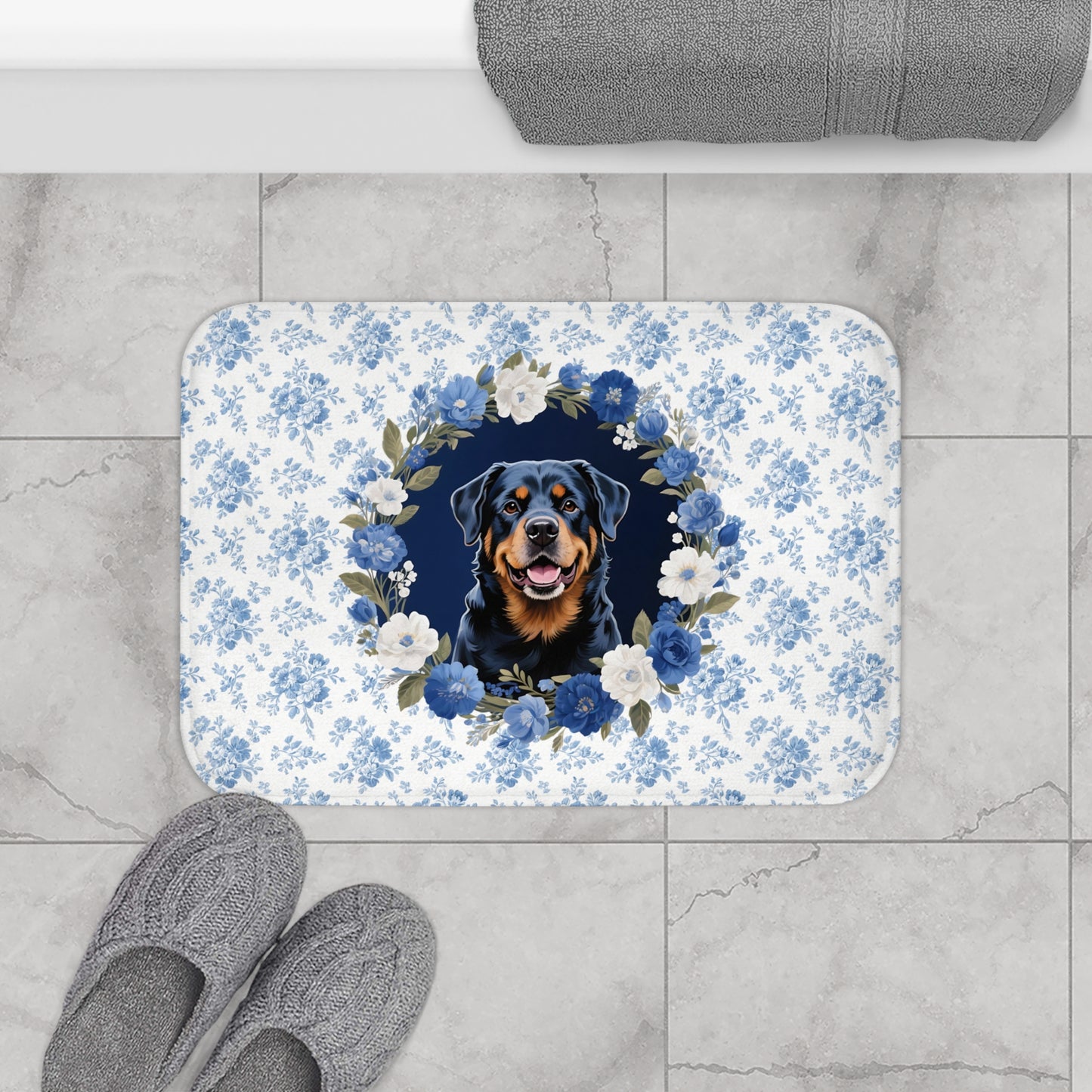 Blue Floral Rottie Bath Mat – Cute Rottweiler Dog Bathroom Rug