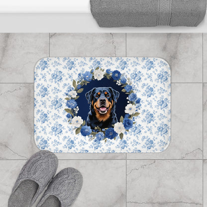 Blue Floral Rottie Bath Mat – Cute Rottweiler Dog Bathroom Rug