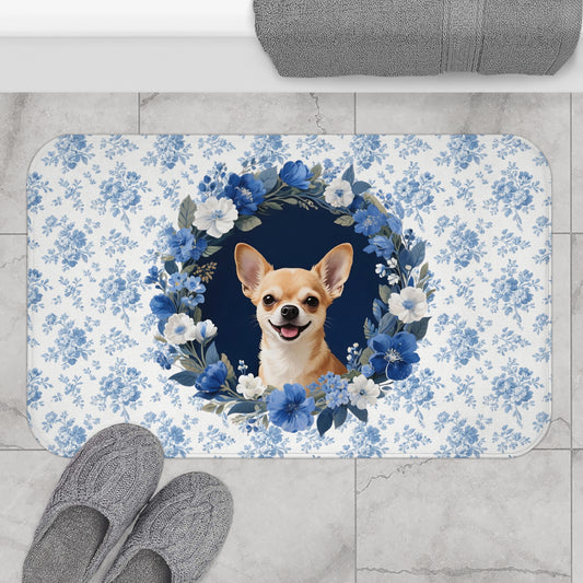 Blue Floral Chihuahua Bath Mat – Cute Chihuahua Dog Bathroom Rug