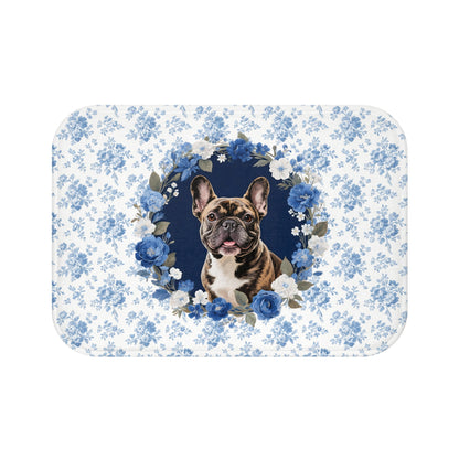 Blue Floral Frenchie Bath Mat – Cute Brindle French Bulldog Bathroom Rug