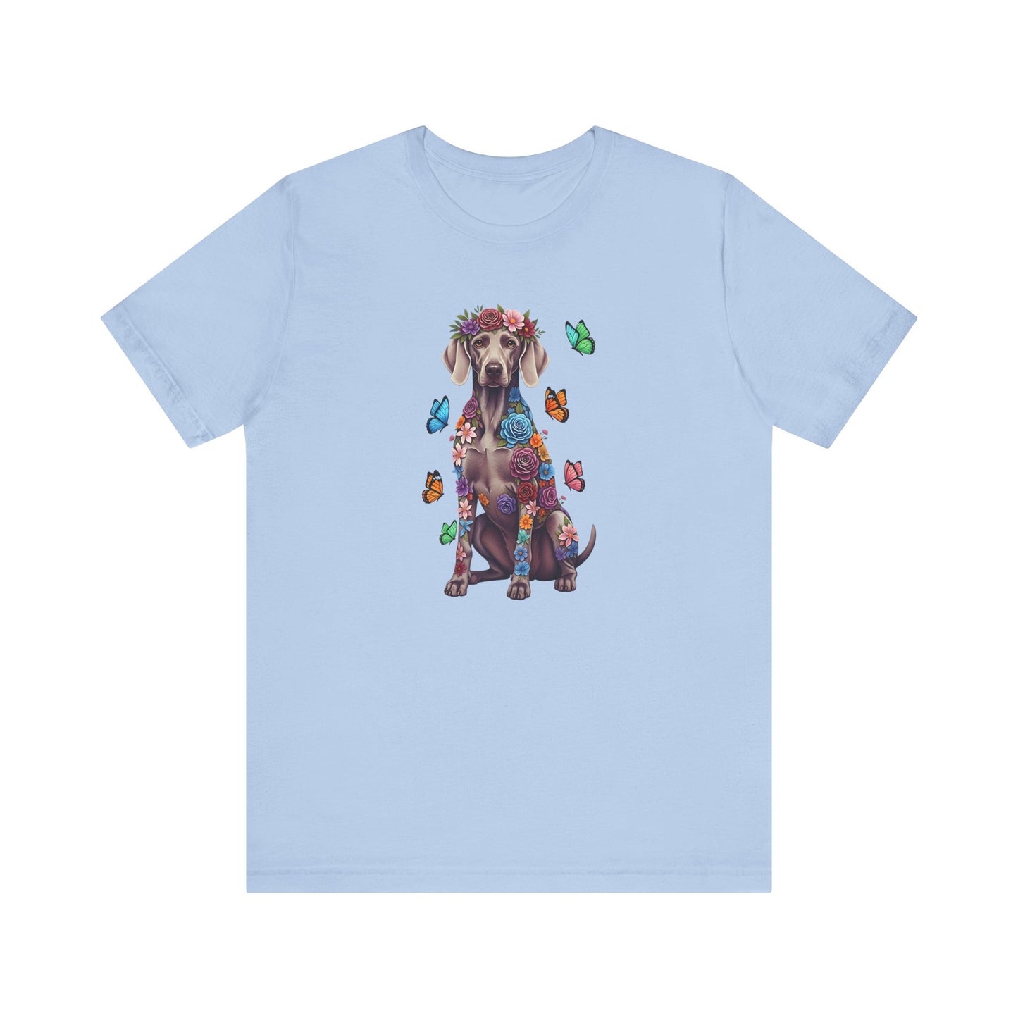 Whimsical Floral Weimaraner Tee – Colorful Dog Lover Shirt with Butterflies