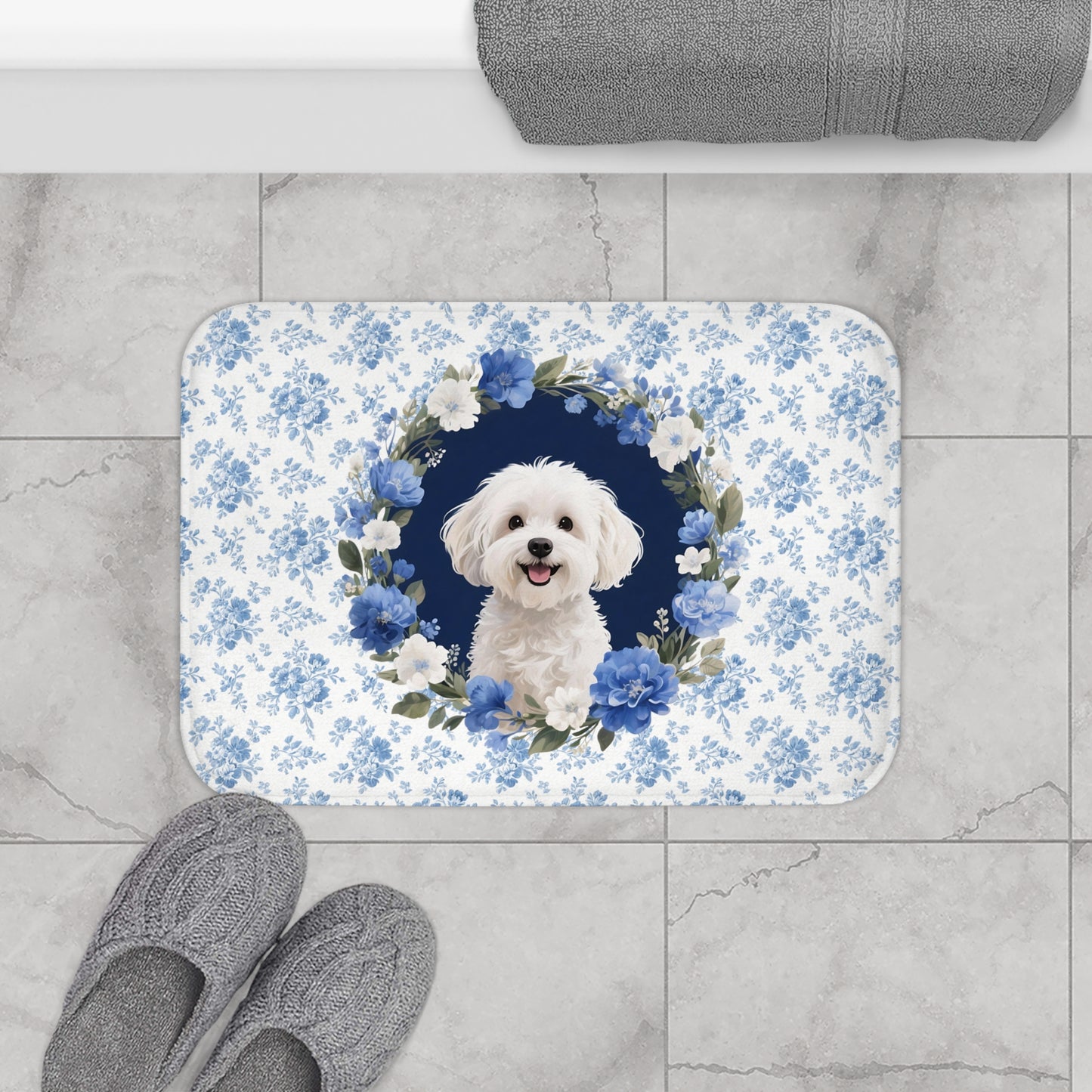 Blue Floral Maltese Bath Mat – Cute Maltese Dog Bathroom Rug