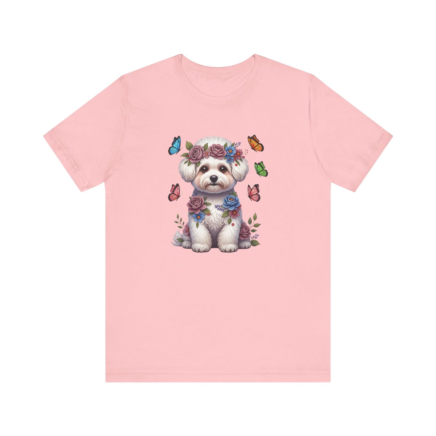 Whimsical Floral Bichon Frise Tee – Colorful Dog Lover Shirt with Butterflies