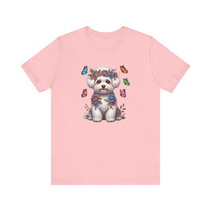 Whimsical Floral Bichon Frise Tee – Colorful Dog Lover Shirt with Butterflies