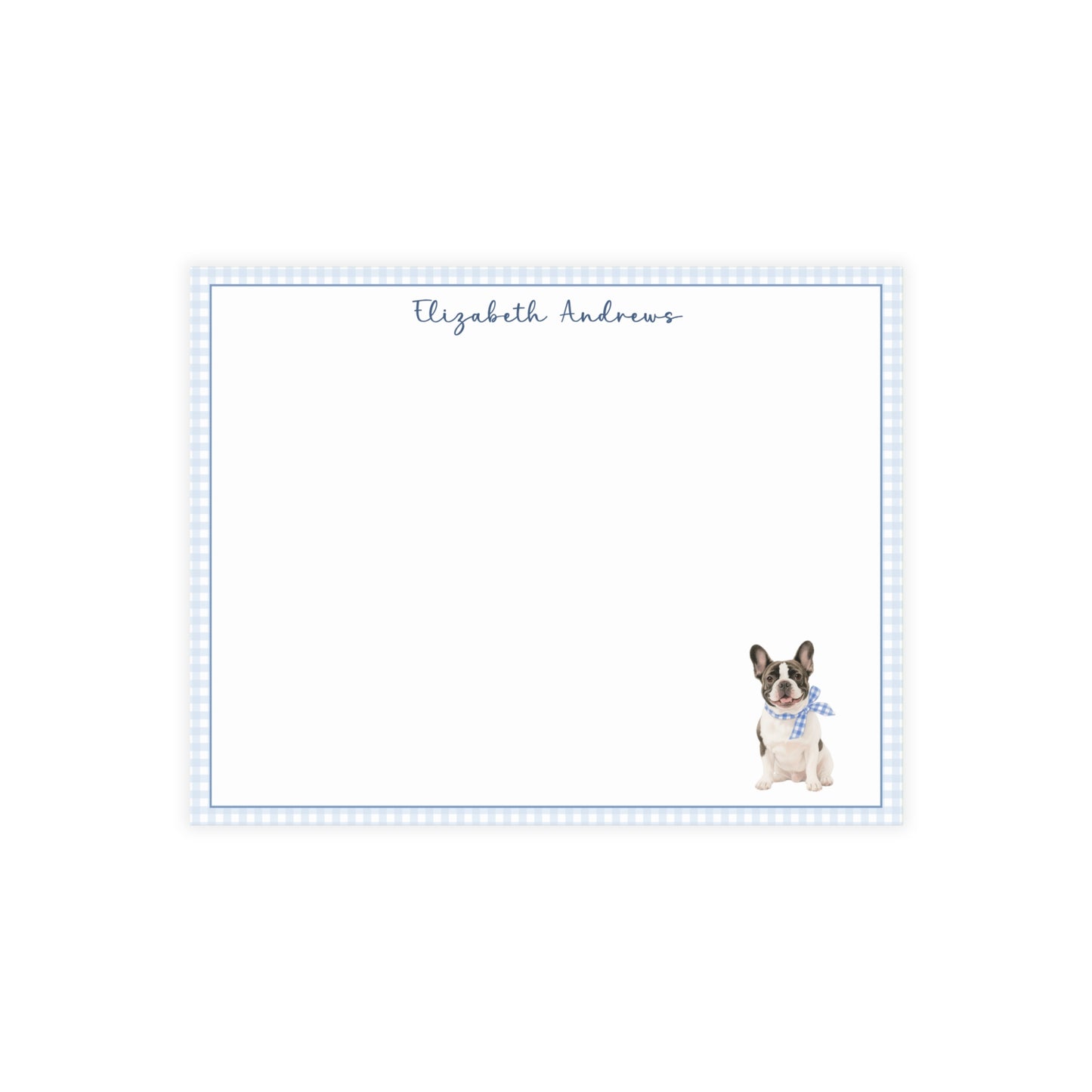 French Bulldog Blue Gingham Personalized Notecard Set