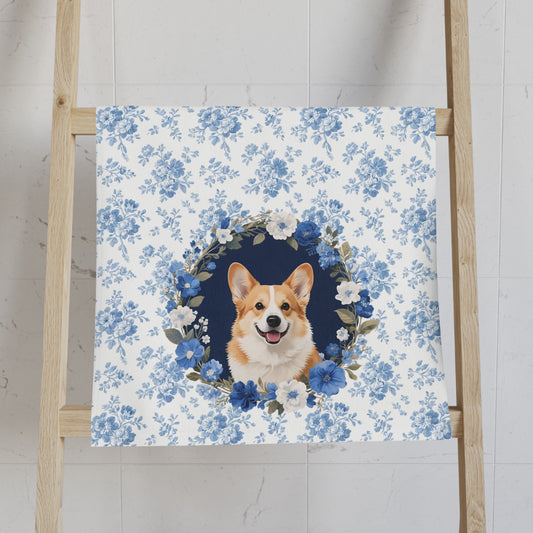 Blue Floral Corgi Dog Portrait Hand Towel – Cute Pet Bathroom Accessory