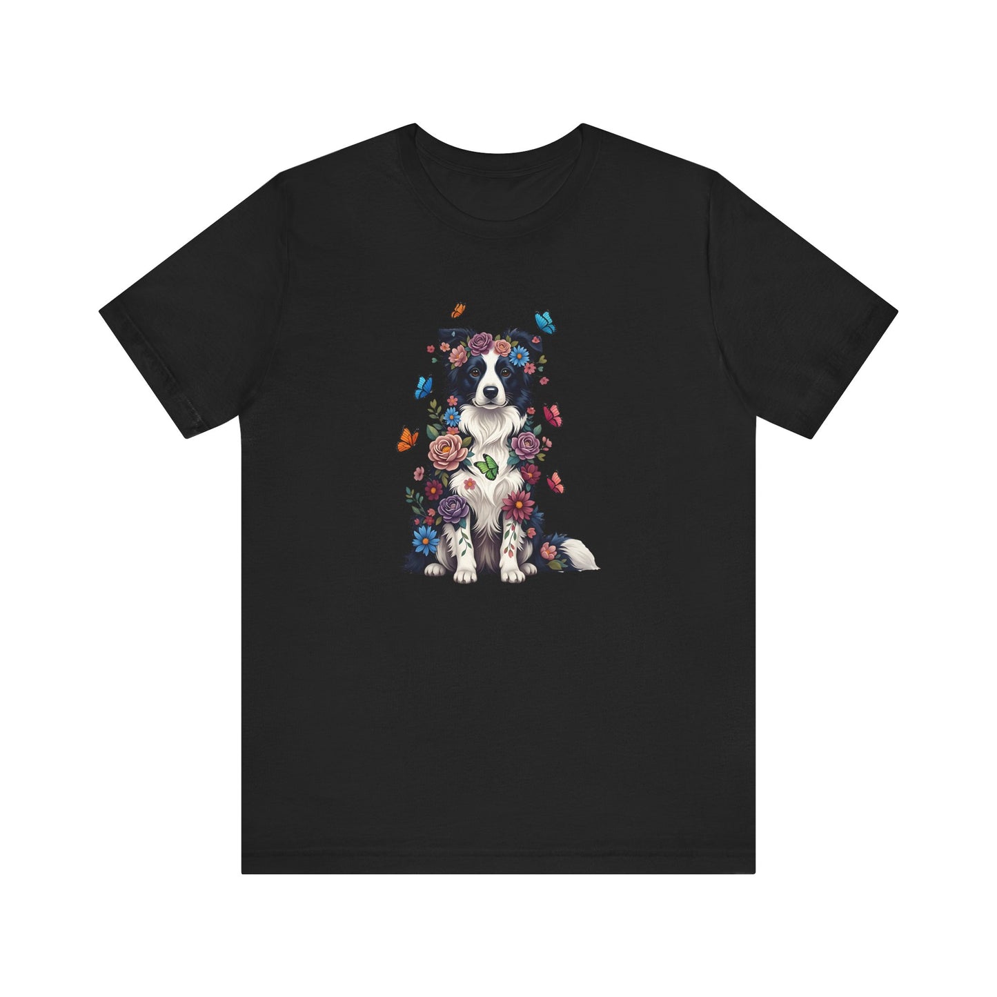 Whimsical Floral Border Collie Tee – Colorful Dog Lover Shirt with Butterflies
