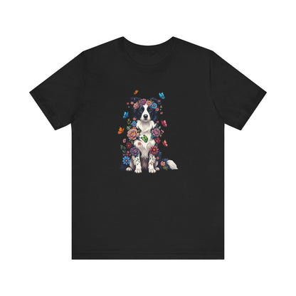 Whimsical Floral Border Collie Tee – Colorful Dog Lover Shirt with Butterflies