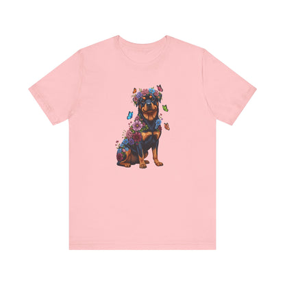 Whimsical Floral Rottweiler Tee – Colorful Dog Lover Shirt with Butterflies