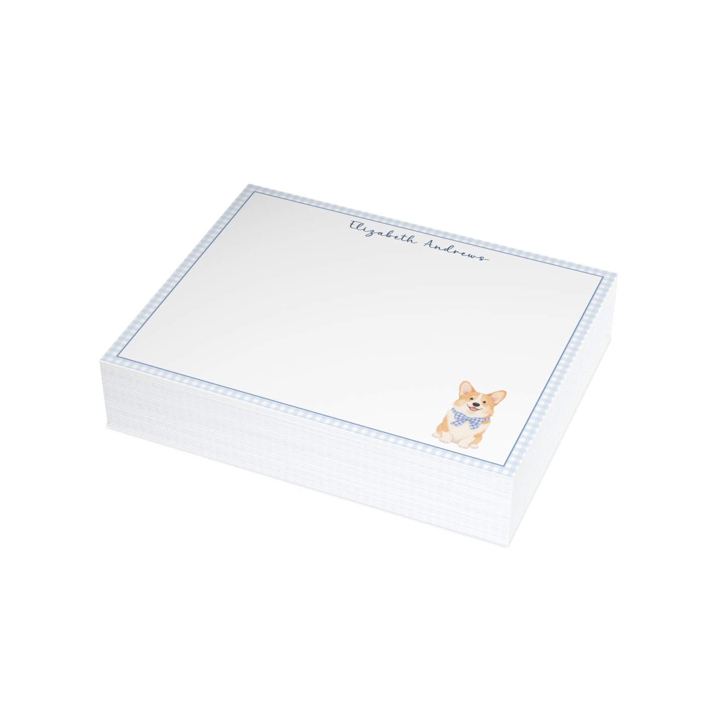 Corgi Dog Blue Gingham Personalized Notecard Set