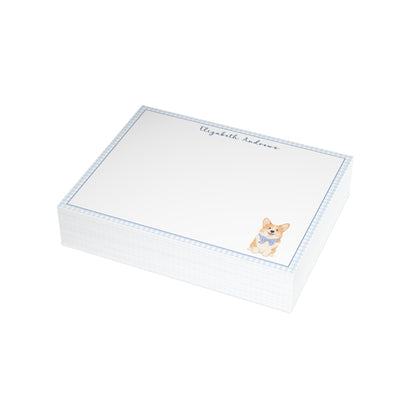 Corgi Dog Blue Gingham Personalized Notecard Set