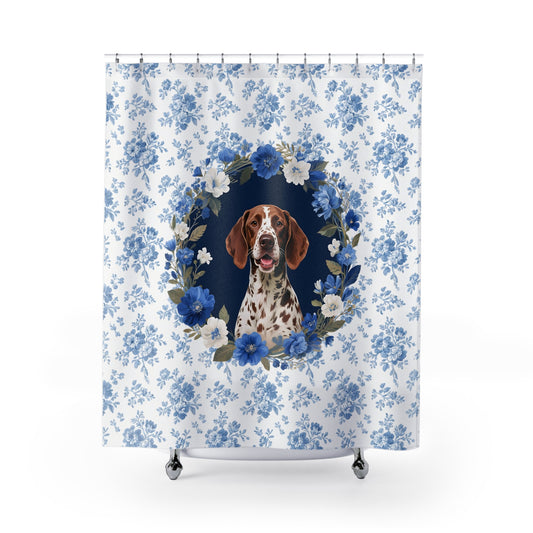 German Shorthaired Pointer Dog Blue Floral Shower Curtain – Dog Portrait Bath Decor