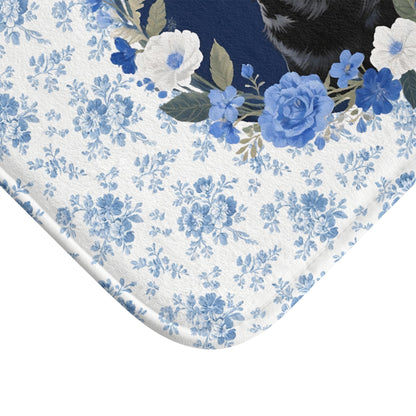 Blue Floral Lab Bath Mat – Cute Black Labrador Retriever Dog Bathroom Rug