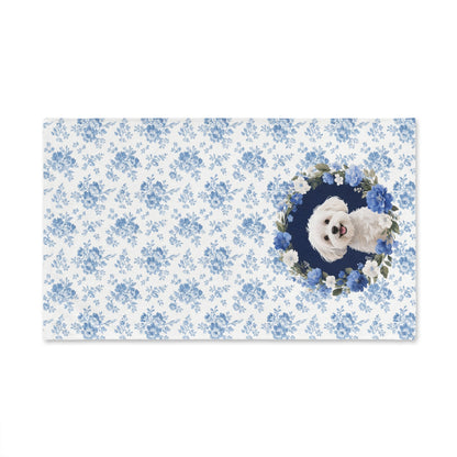 Blue Floral Maltese Dog Portrait Hand Towel – Cute Pet Bathroom Accessory