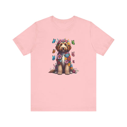 Whimsical Floral Goldendoodle Tee – Colorful Dog Lover Shirt with Butterflies