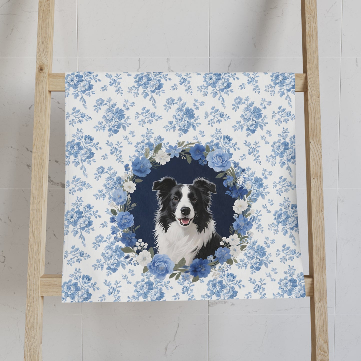 Blue Floral Border Collie Dog Portrait Hand Towel – Cute Pet Bathroom Accessory