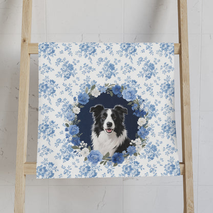 Blue Floral Border Collie Dog Portrait Hand Towel – Cute Pet Bathroom Accessory