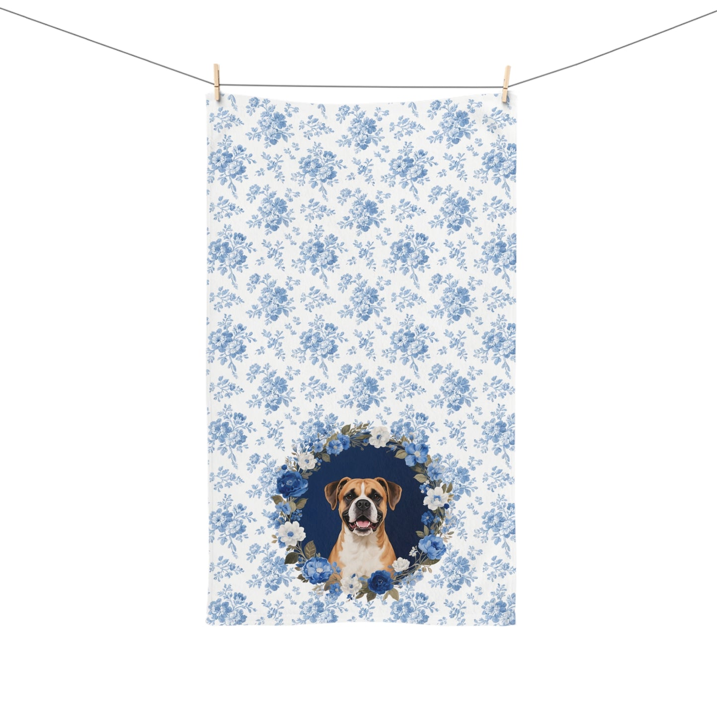 Blue Floral Boxer Dog Portrait Hand Towel – Cute Pet Bathroom Accessory