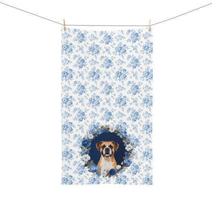 Blue Floral Boxer Dog Portrait Hand Towel – Cute Pet Bathroom Accessory