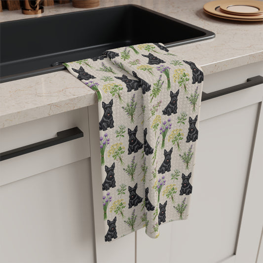 Scottish Terrier Dog & Herbs Tea Towel - Floral Dog Kitchen Towel