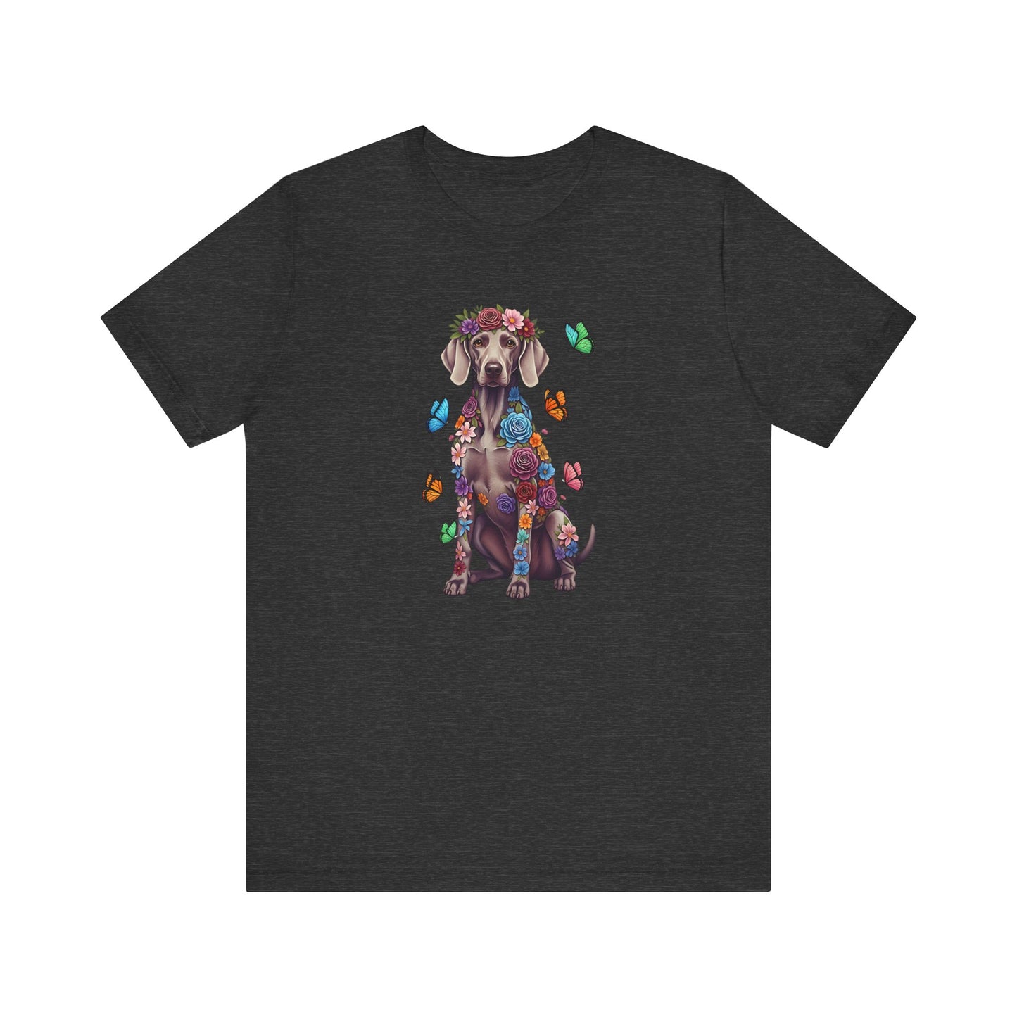 Whimsical Floral Weimaraner Tee – Colorful Dog Lover Shirt with Butterflies