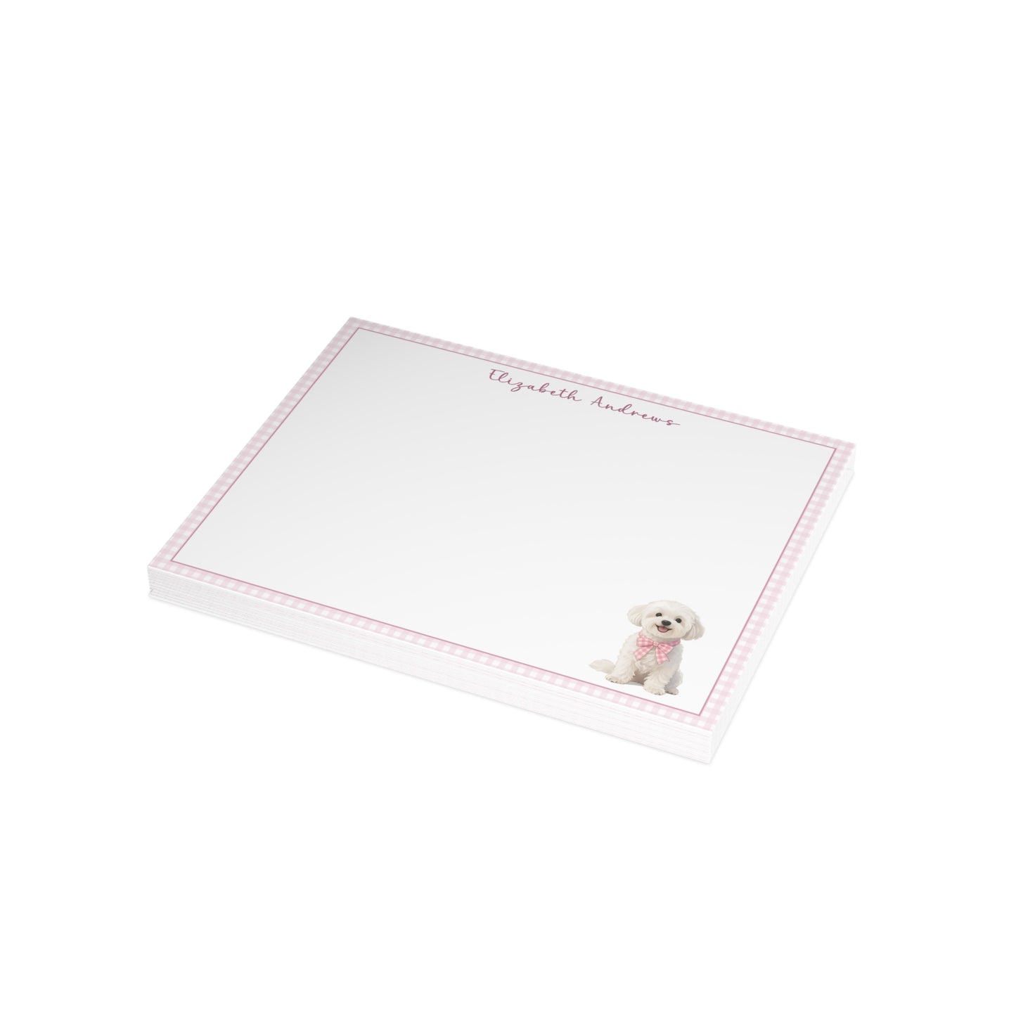 Maltese Dog Pink Gingham Personalized Notecard Set