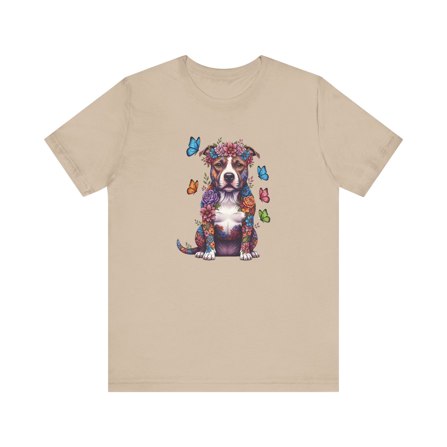 Whimsical Floral Pitbull Tee – Colorful Dog Lover Shirt with Butterflies