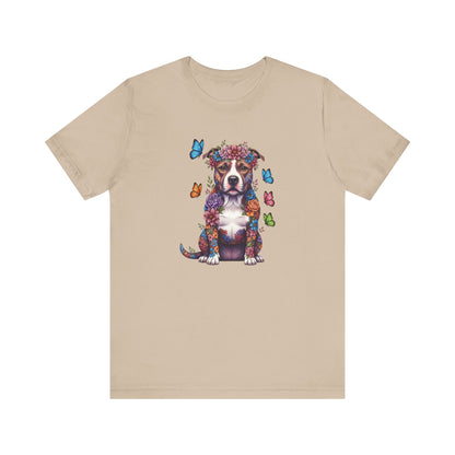 Whimsical Floral Pitbull Tee – Colorful Dog Lover Shirt with Butterflies