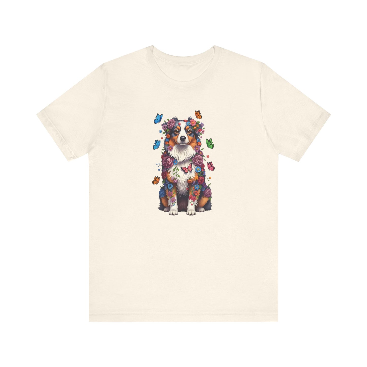 Whimsical Floral Australian Shepherd Tee – Colorful Dog Lover Shirt with Butterflies