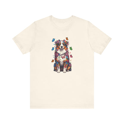 Whimsical Floral Australian Shepherd Tee – Colorful Dog Lover Shirt with Butterflies
