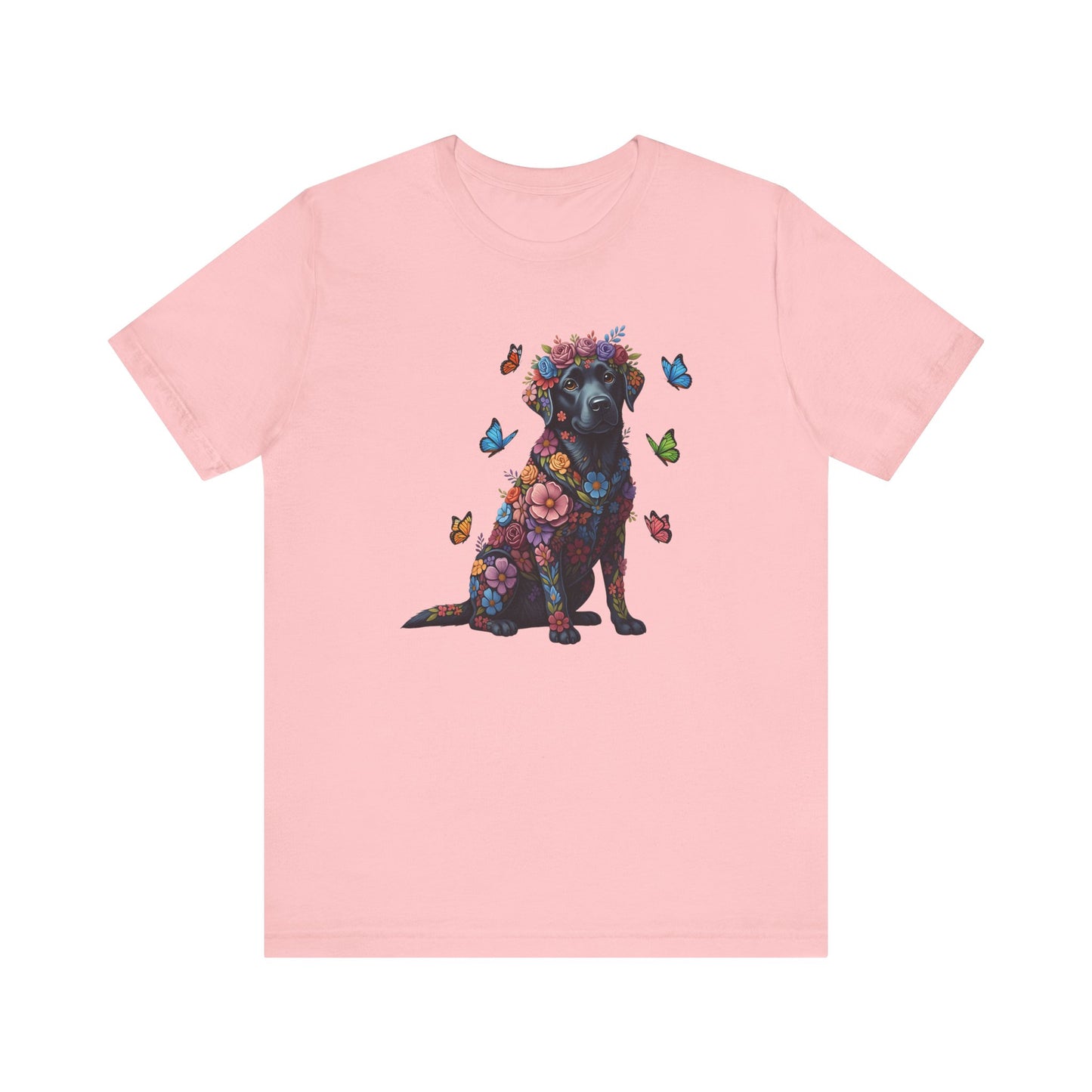 Whimsical Floral Black Labrador Retriever Tee – Colorful Dog Lover Shirt with Butterflies