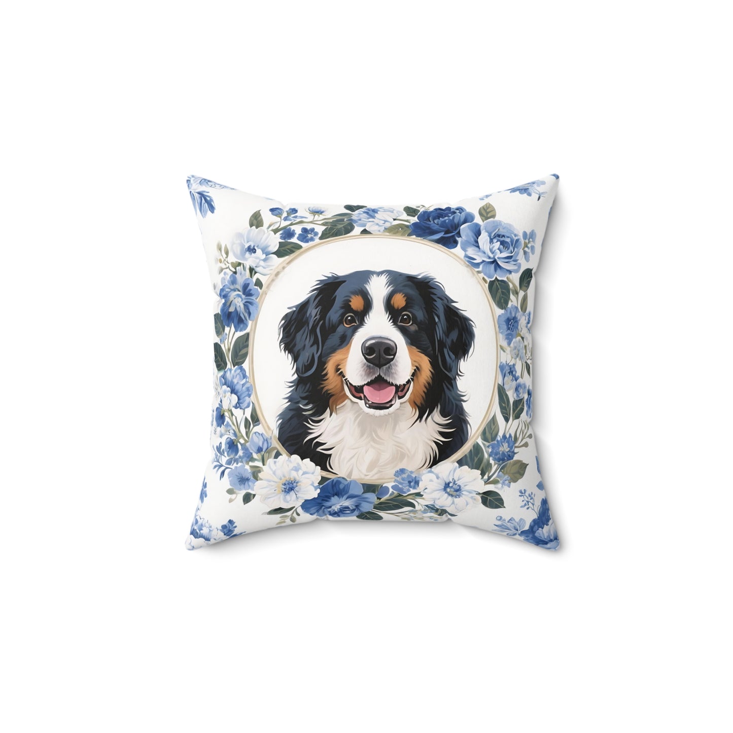 Bernese Mountain Dog Blue Floral Throw Pillow