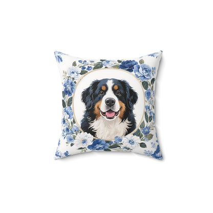 Bernese Mountain Dog Blue Floral Throw Pillow