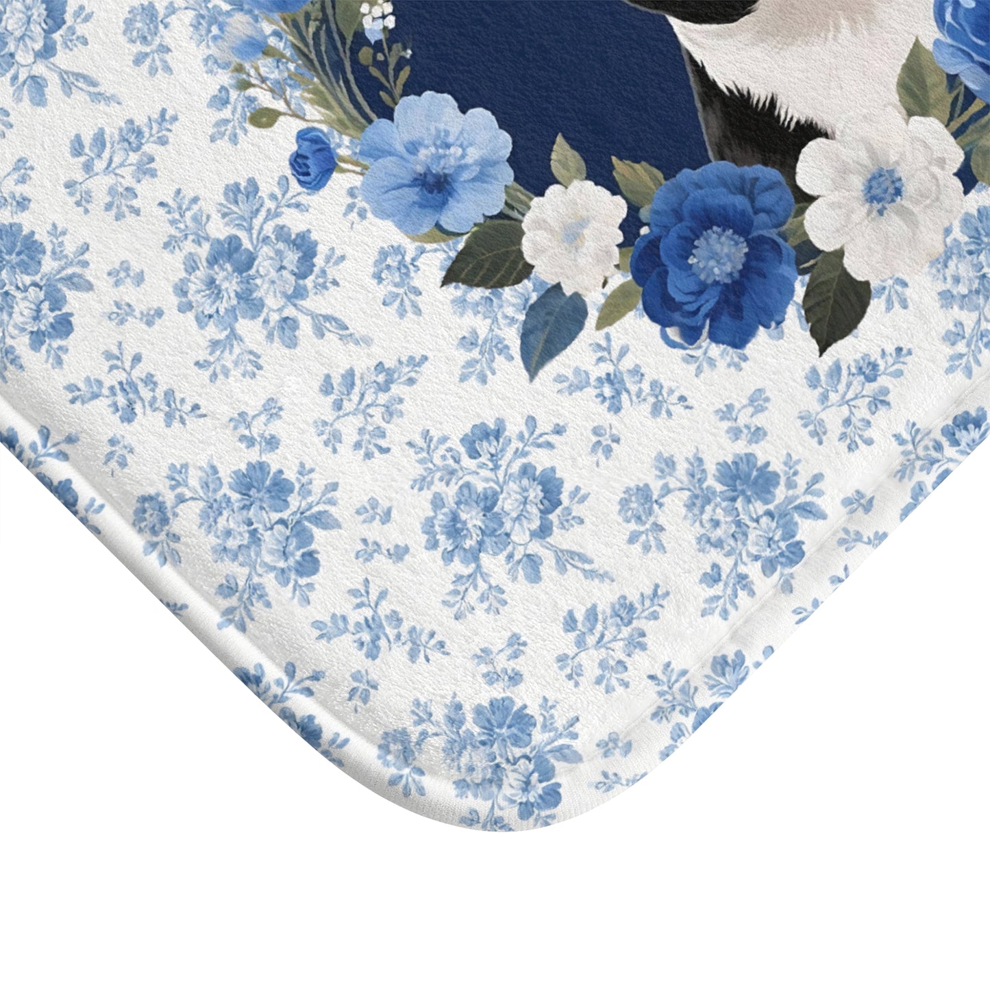Blue Floral Bostie Bath Mat – Cute Boston Terrier Dog Bathroom Rug