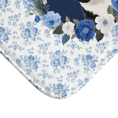 Blue Floral Bostie Bath Mat – Cute Boston Terrier Dog Bathroom Rug