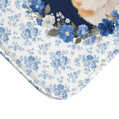 Blue Floral Corgi Bath Mat – Cute Corgi Dog Bathroom Rug