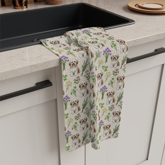Havanese Dog & Herbs Tea Towel - Floral Dog Kitchen Towel