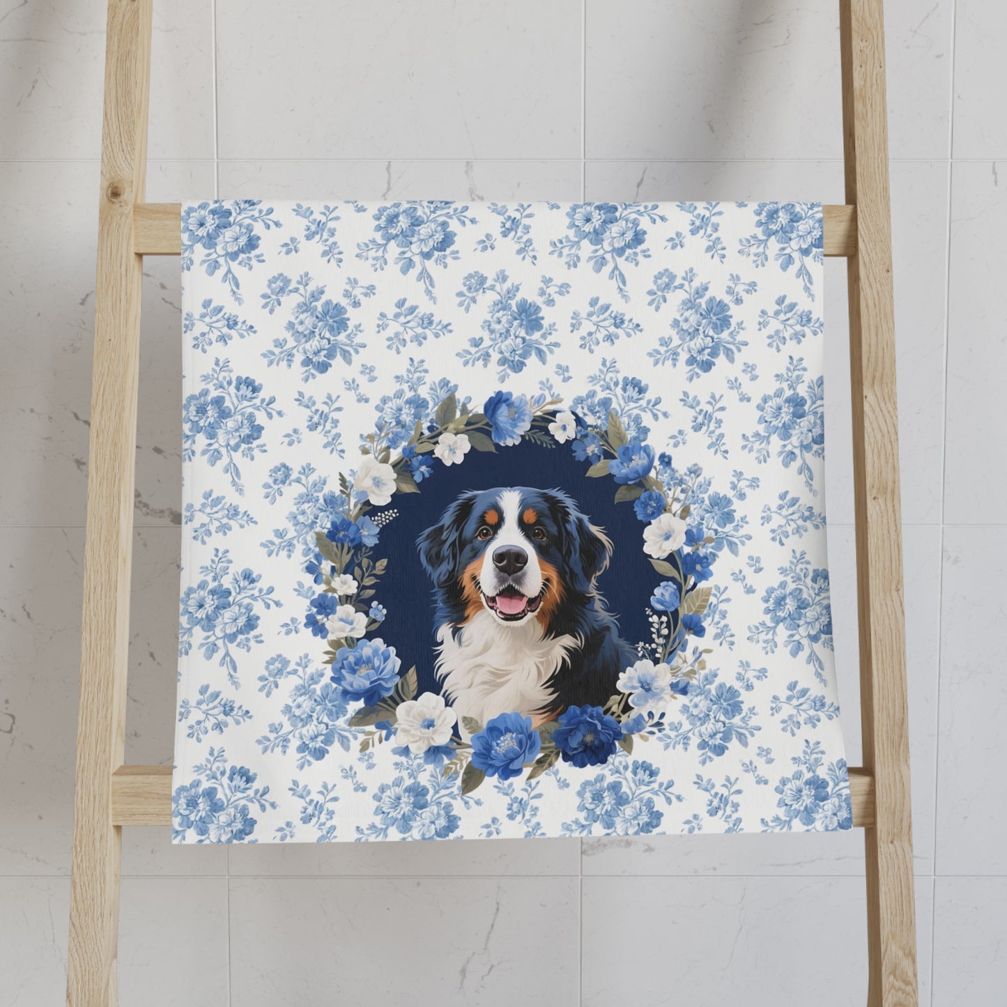 Blue Floral Bernese Mountain Dog Portrait Hand Towel – Cute Pet Bathroom Accessory