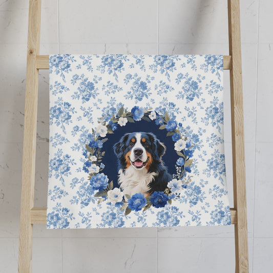 Blue Floral Bernese Mountain Dog Portrait Hand Towel – Cute Pet Bathroom Accessory