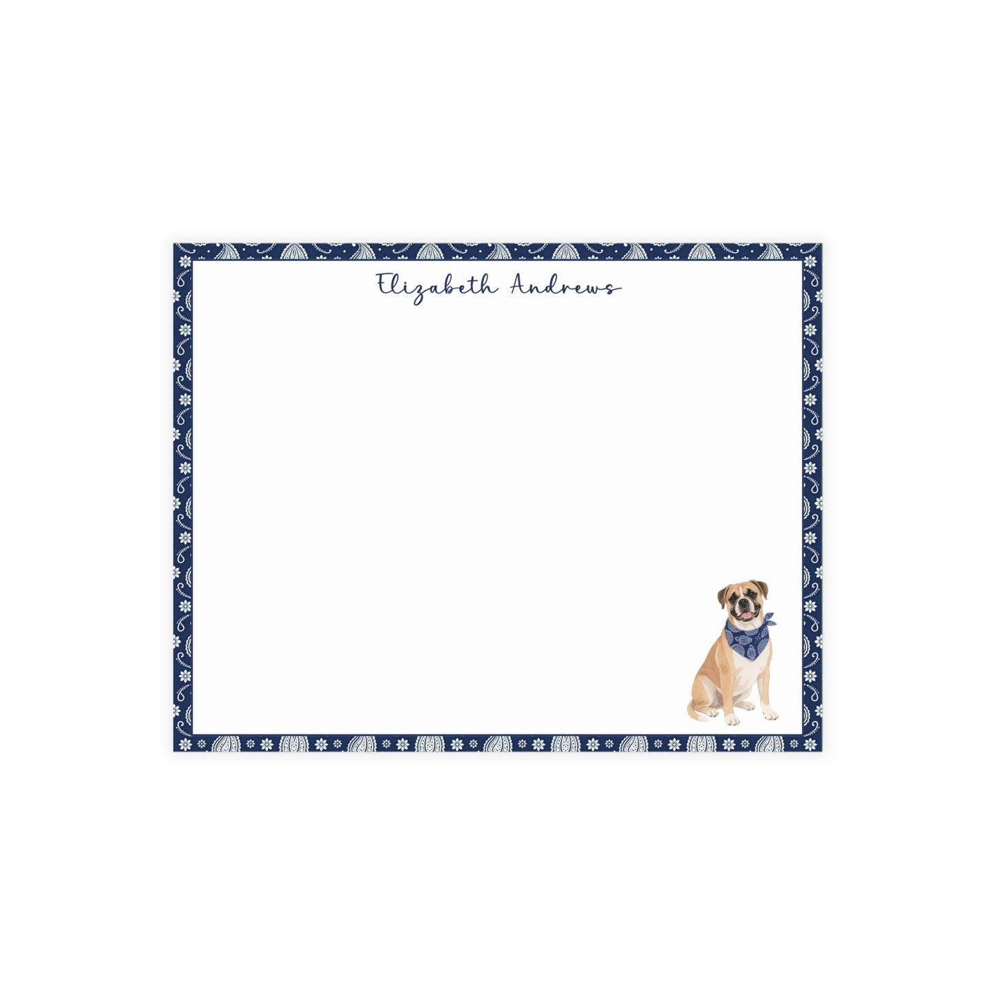 Personalized Boxer Dog Navy Blue Paisley Notecard Set