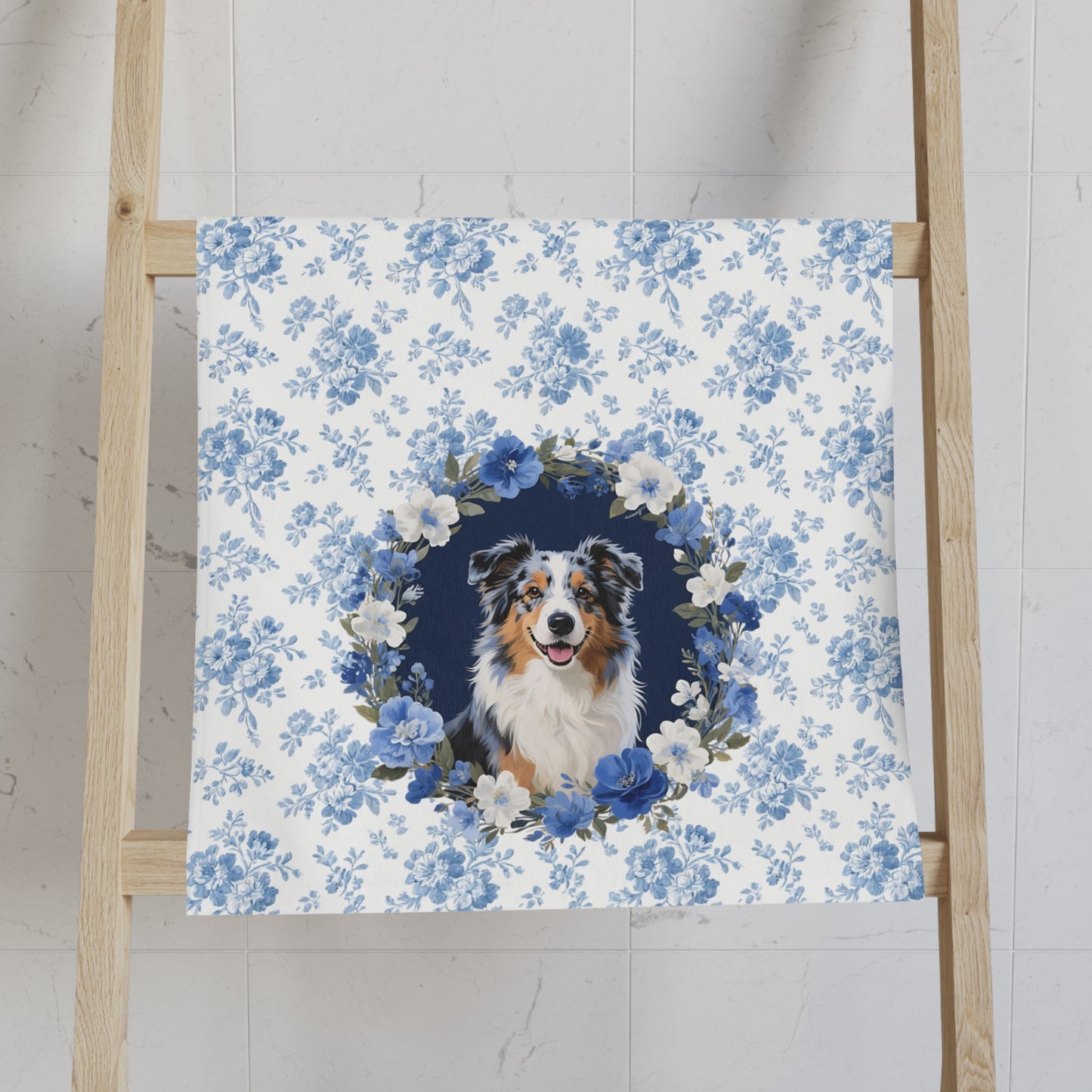 Copy of Blue Floral Australian Shepherd Dog Portrait Hand Towel – Cute Pet Bathroom Accessory