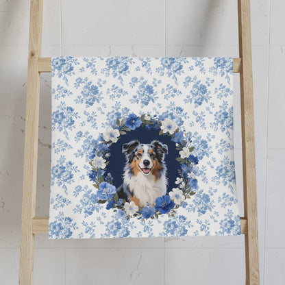Copy of Blue Floral Australian Shepherd Dog Portrait Hand Towel – Cute Pet Bathroom Accessory