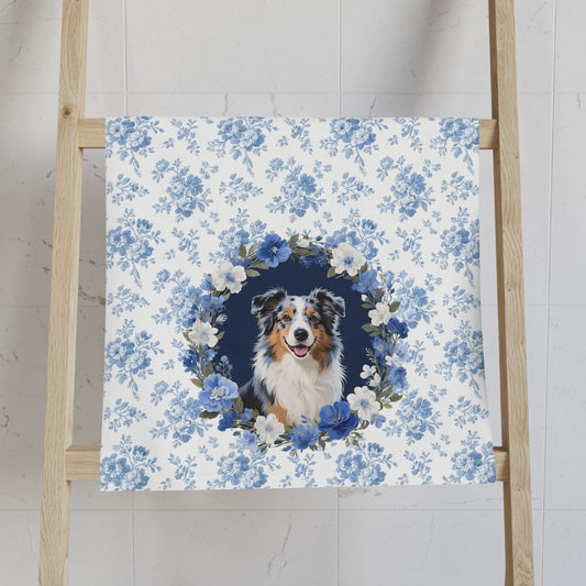 Copy of Blue Floral Australian Shepherd Dog Portrait Hand Towel – Cute Pet Bathroom Accessory