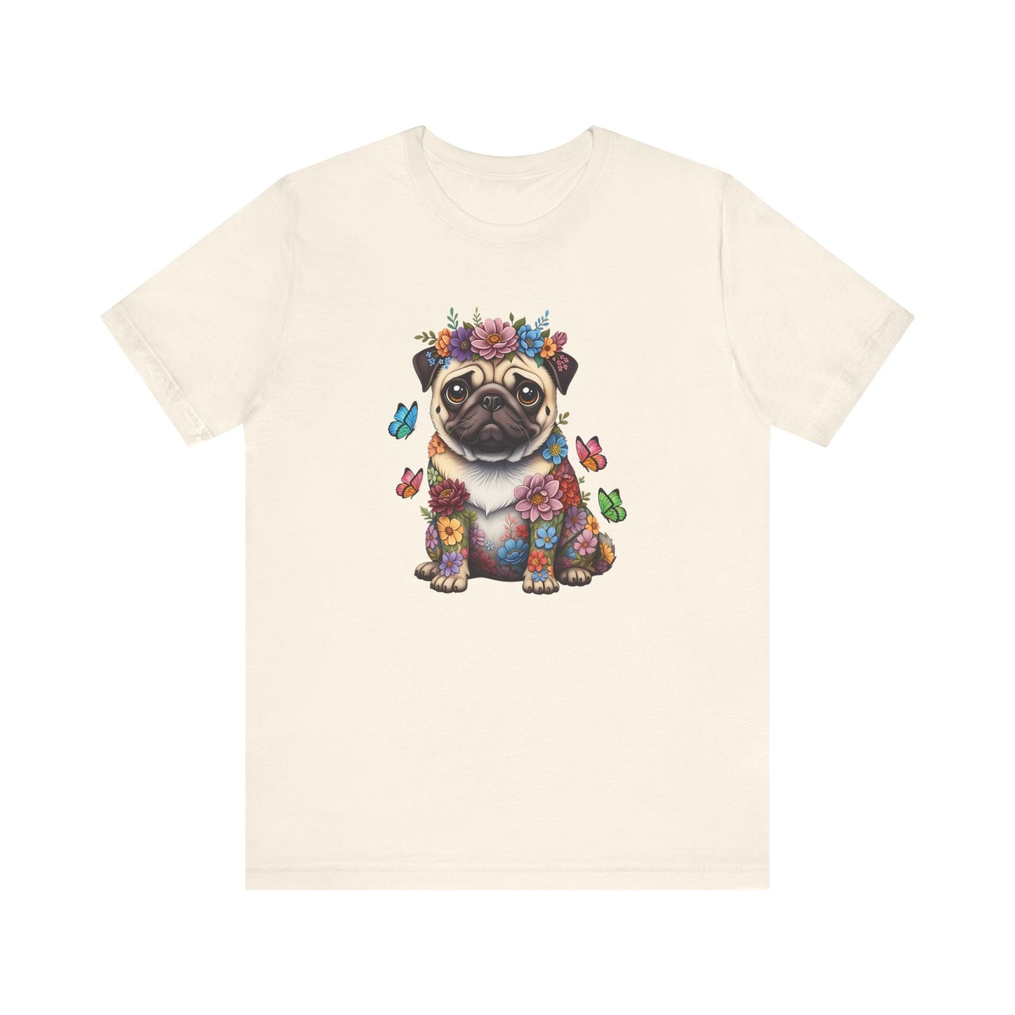 Whimsical Floral Pug Tee – Colorful Dog Lover Shirt with Butterflies