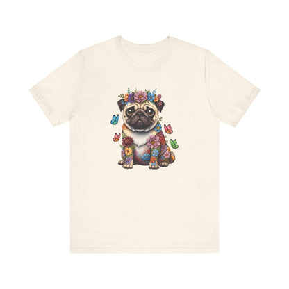 Whimsical Floral Pug Tee – Colorful Dog Lover Shirt with Butterflies