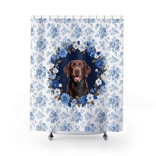 Chocolate Labrador Retriever Dog Blue Floral Shower Curtain – Dog Portrait Bath Decor
